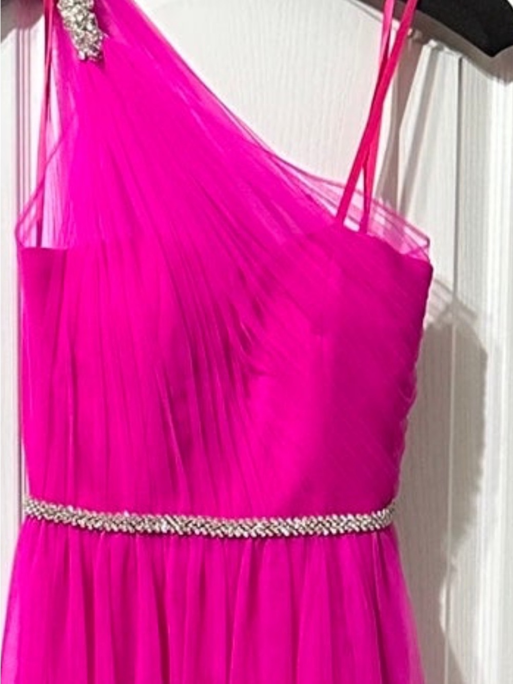 Fuchsia One-Shoulder Tulle Dress size 11 with Rhinestone Waist NWOT